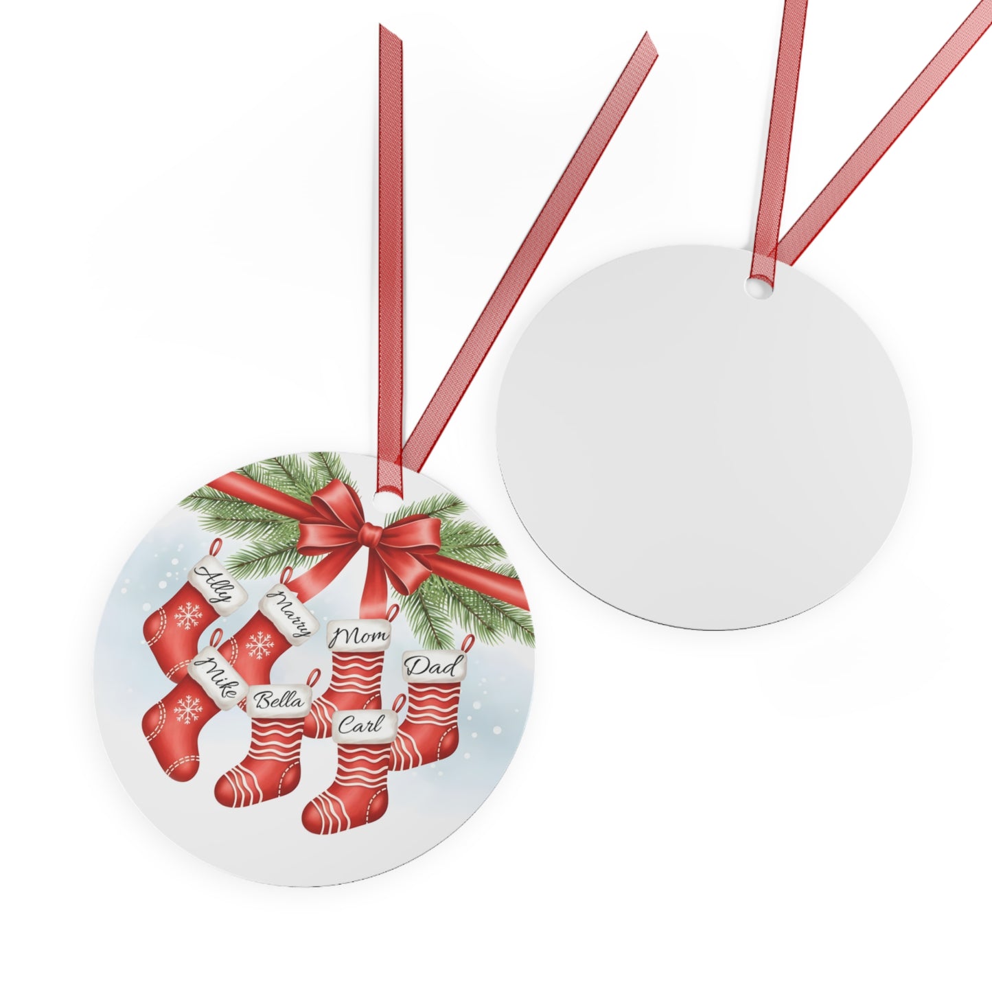 Personalized Christmas Stocking Metal Ornament — Custom Family Names Holiday Decor