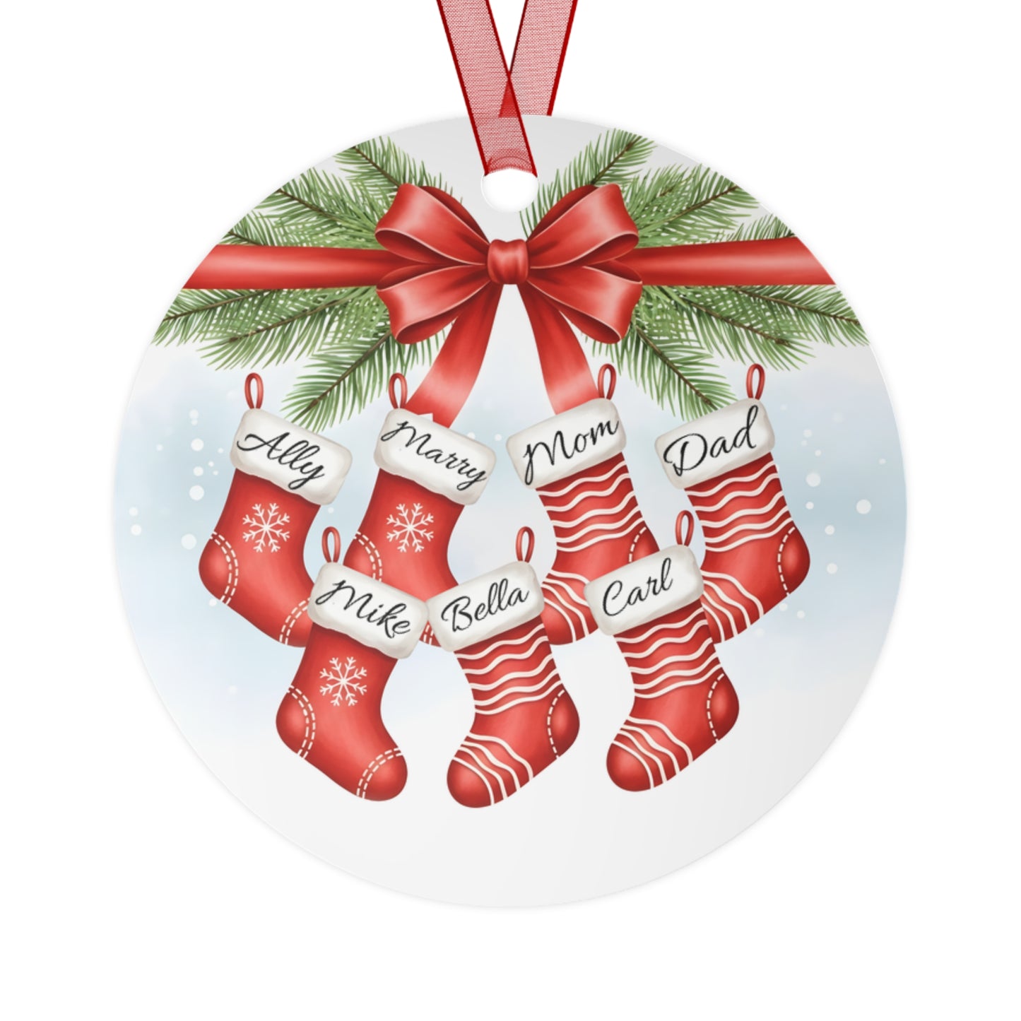 Personalized Christmas Stocking Metal Ornament — Custom Family Names Holiday Decor