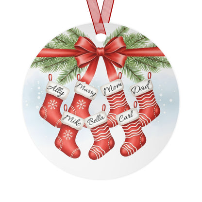 Personalized Christmas Stocking Metal Ornament — Custom Family Names Holiday Decor