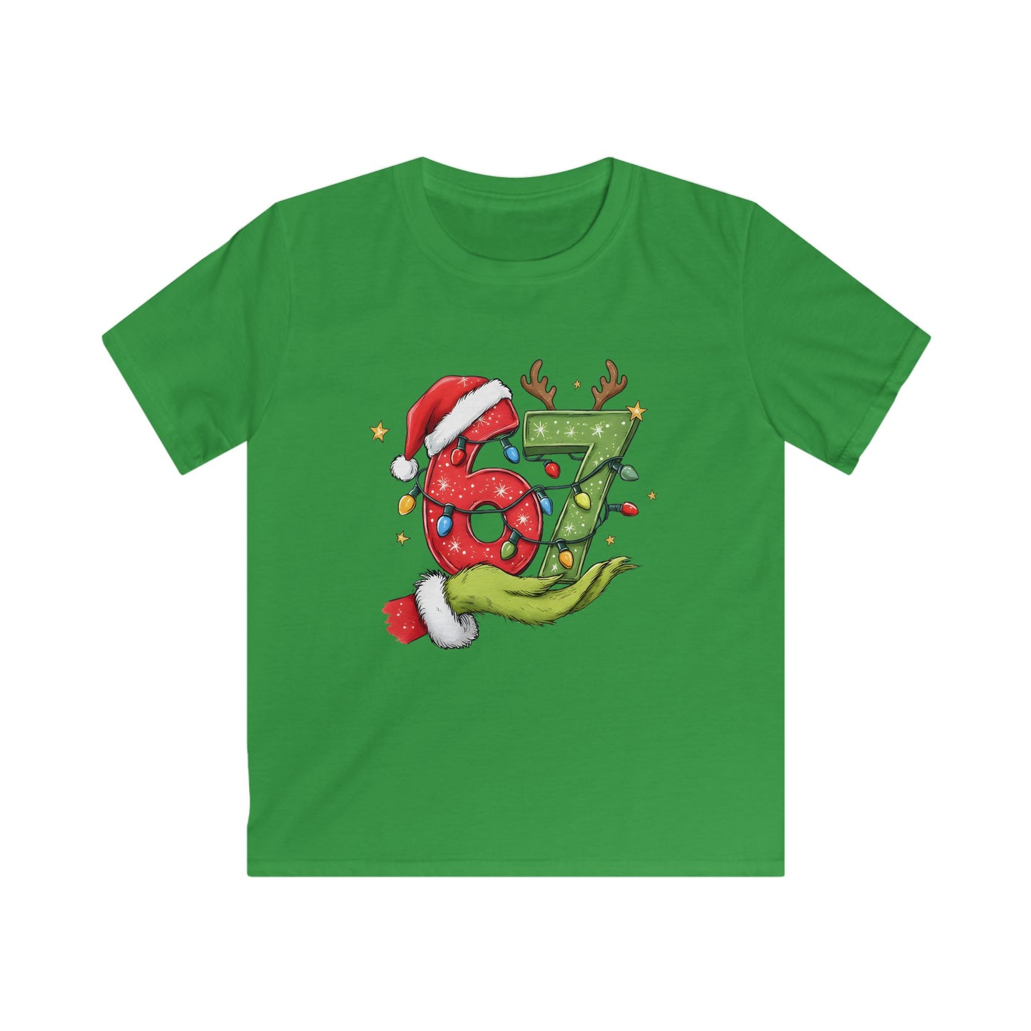 Kids Tee — Festive '67' Christmas Number Design with Santa Hat & Reindeer Antlers