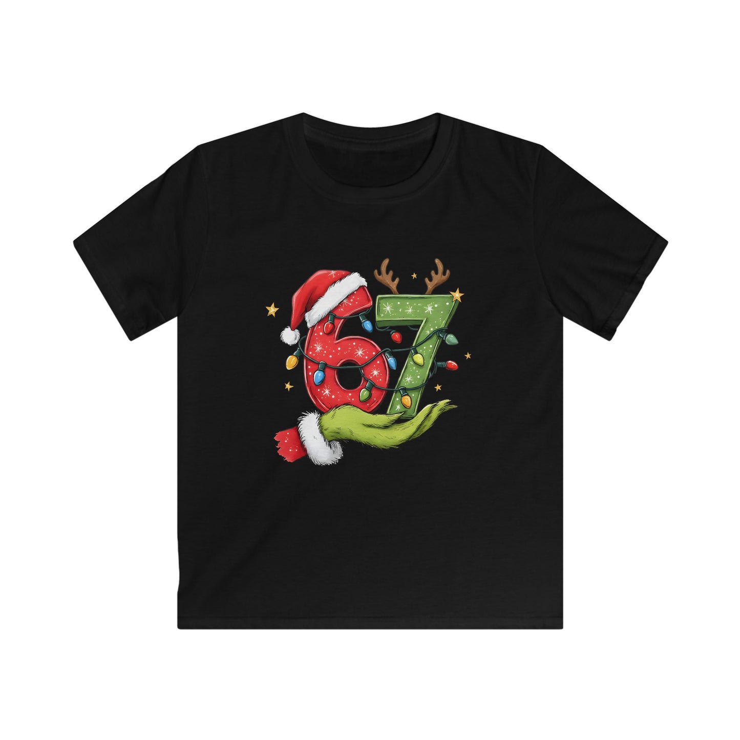 Kids Tee — Festive '67' Christmas Number Design with Santa Hat & Reindeer Antlers