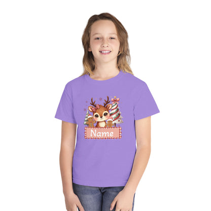 Personalized Kids Tee — Cute Reindeer with Christmas Trees Name Shirt