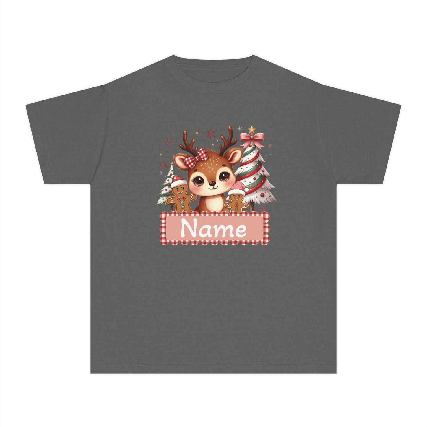 Personalized Kids Tee — Cute Reindeer with Christmas Trees Name Shirt
