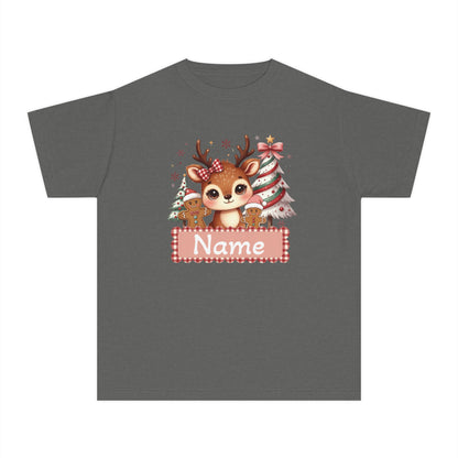 Personalized Kids Tee — Cute Reindeer with Christmas Trees Name Shirt