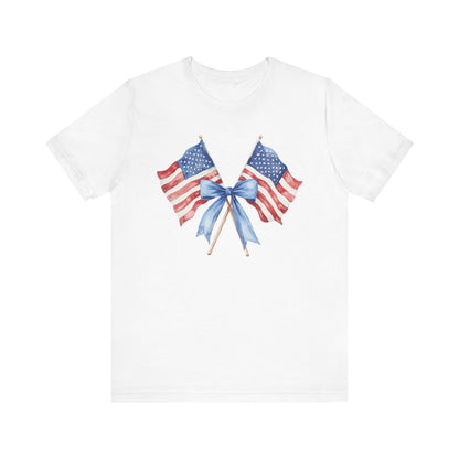 Patriotic Tee with Two American Flags and Bow, Independence Day Shirt, Fourth of July Outfit, Summer BBQ Apparel, Unisex T-Shirt for [...]
