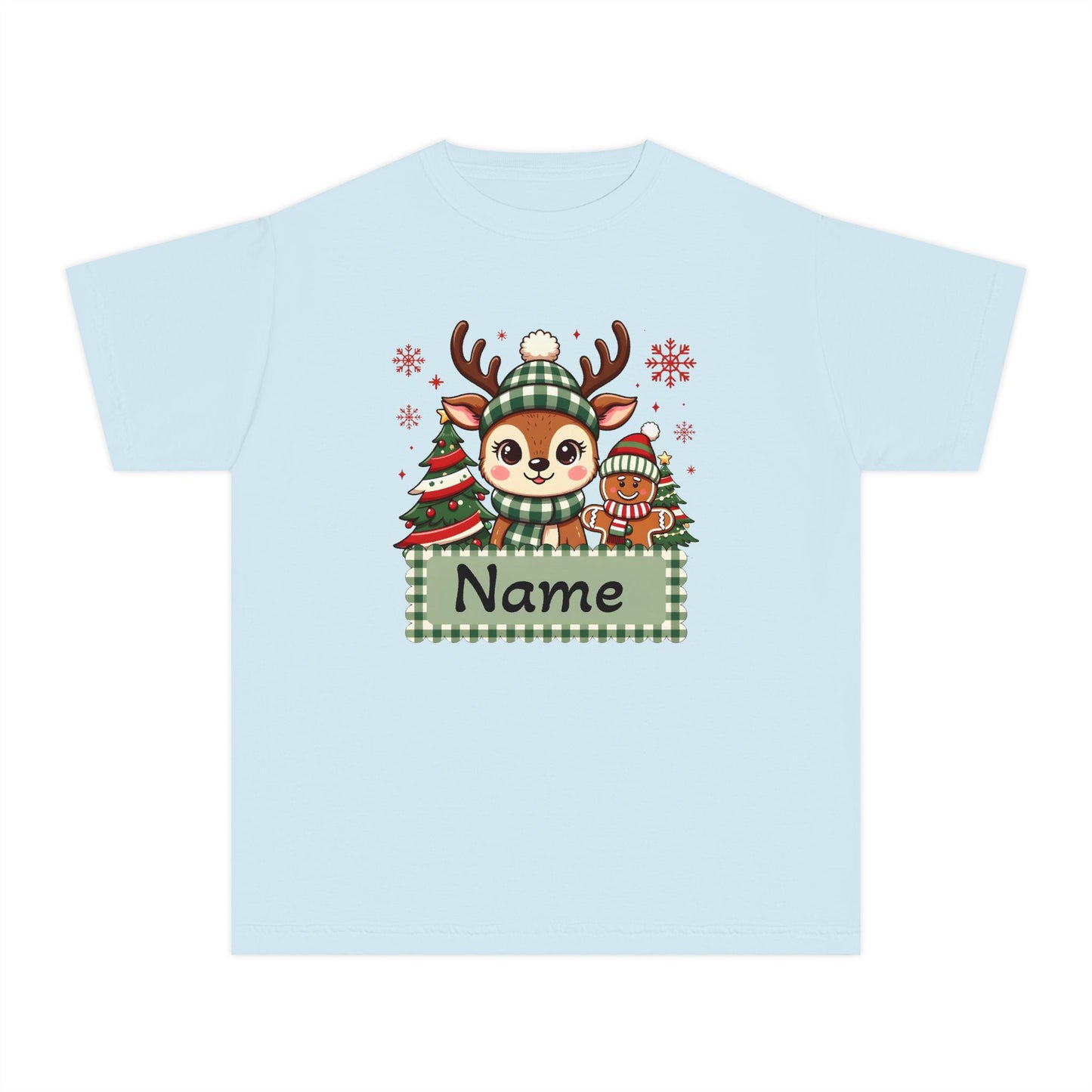 Kids Christmas Reindeer Tee – Cute Holiday Reindeer & gingerbread with Plaid Name Banner