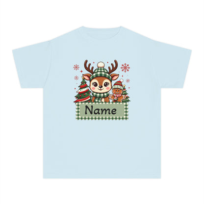 Kids Christmas Reindeer Tee – Cute Holiday Reindeer & gingerbread with Plaid Name Banner