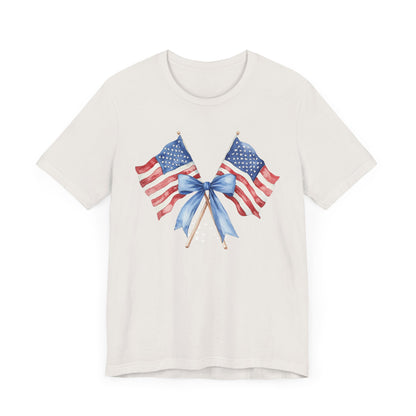 Patriotic Tee with Two American Flags and Bow, Independence Day Shirt, Fourth of July Outfit, Summer BBQ Apparel, Unisex T-Shirt for [...]