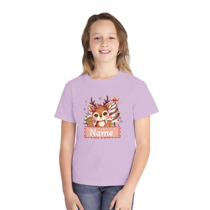 Personalized Kids Tee — Cute Reindeer with Christmas Trees Name Shirt
