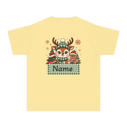 Kids Christmas Reindeer Tee – Cute Holiday Reindeer & gingerbread with Plaid Name Banner
