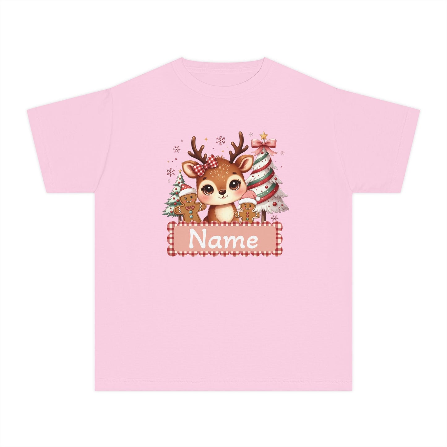 Personalized Kids Tee — Cute Reindeer with Christmas Trees Name Shirt