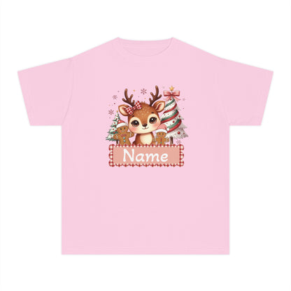 Personalized Kids Tee — Cute Reindeer with Christmas Trees Name Shirt