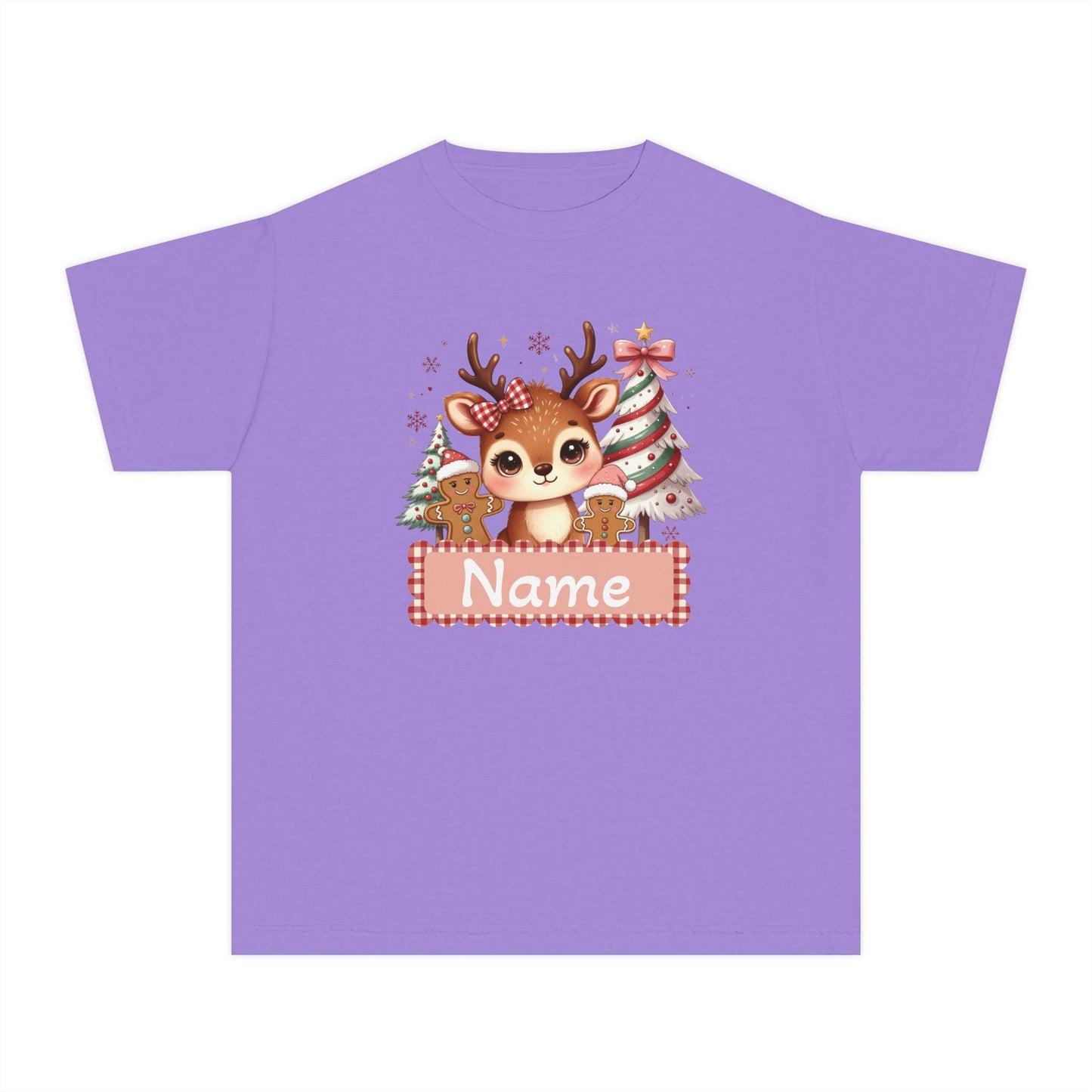 Personalized Kids Tee — Cute Reindeer with Christmas Trees Name Shirt