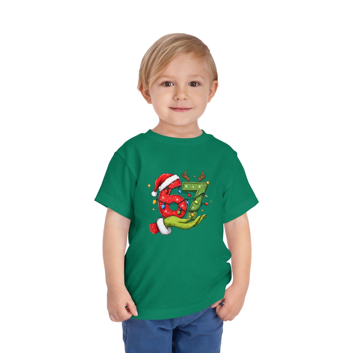 Toddler Tee — Festive "67" Christmas Grinch Reindeer Hat Birthday Shirt