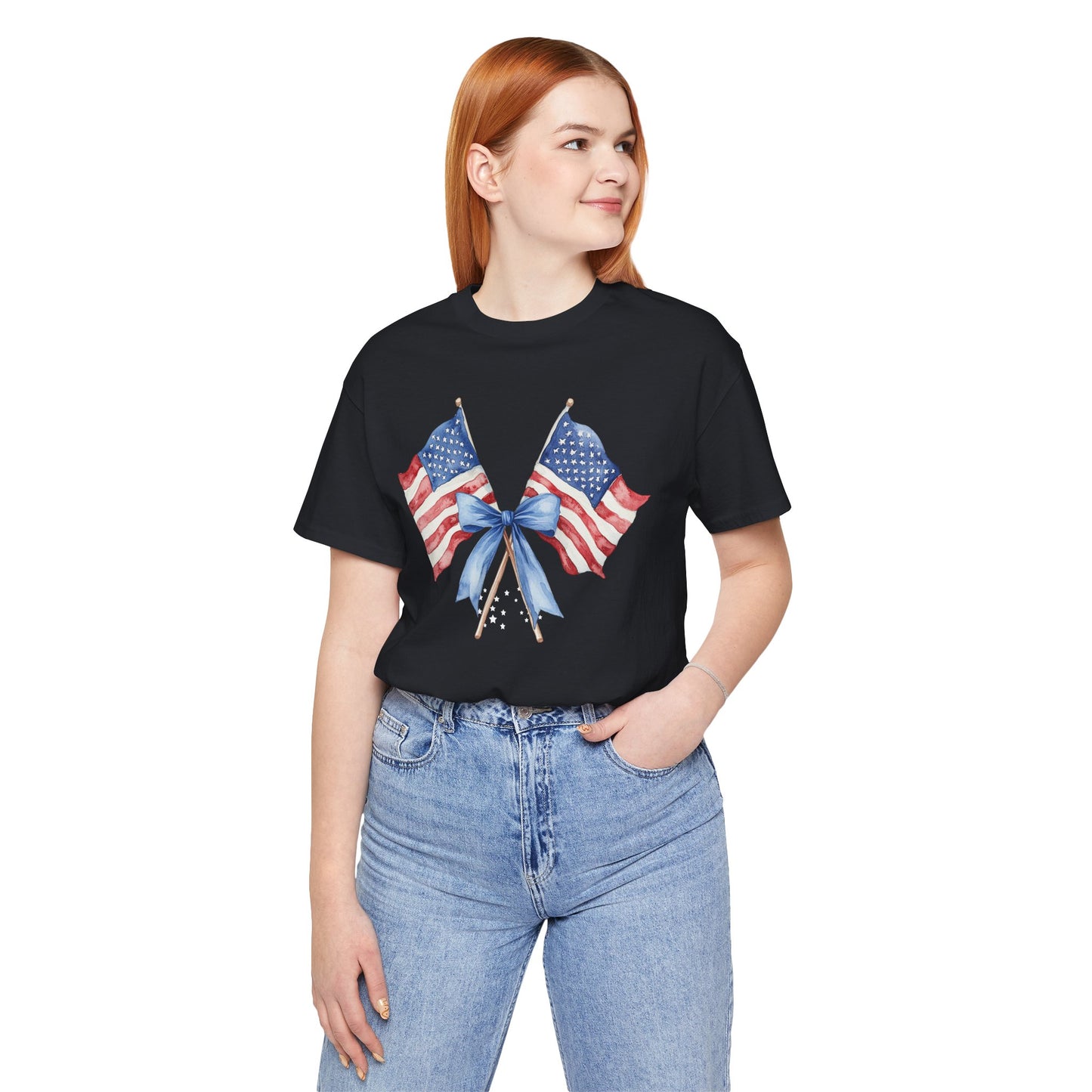 Patriotic Tee with Two American Flags and Bow, Independence Day Shirt, Fourth of July Outfit, Summer BBQ Apparel, Unisex T-Shirt for [...]
