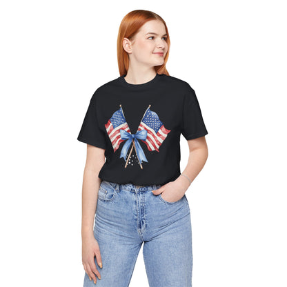 Patriotic Tee with Two American Flags and Bow, Independence Day Shirt, Fourth of July Outfit, Summer BBQ Apparel, Unisex T-Shirt for [...]