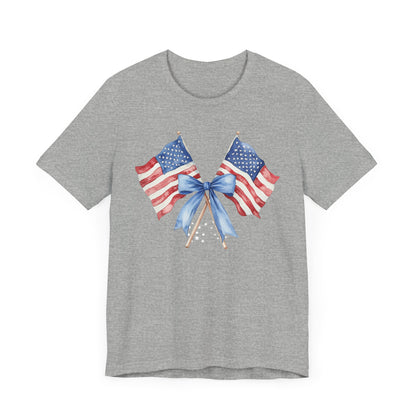 Patriotic Tee with Two American Flags and Bow, Independence Day Shirt, Fourth of July Outfit, Summer BBQ Apparel, Unisex T-Shirt for [...]