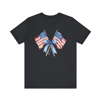 Patriotic Tee with Two American Flags and Bow, Independence Day Shirt, Fourth of July Outfit, Summer BBQ Apparel, Unisex T-Shirt for [...]