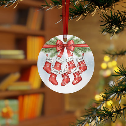 Personalized Christmas Stocking Metal Ornament — Custom Family Names Holiday Decor