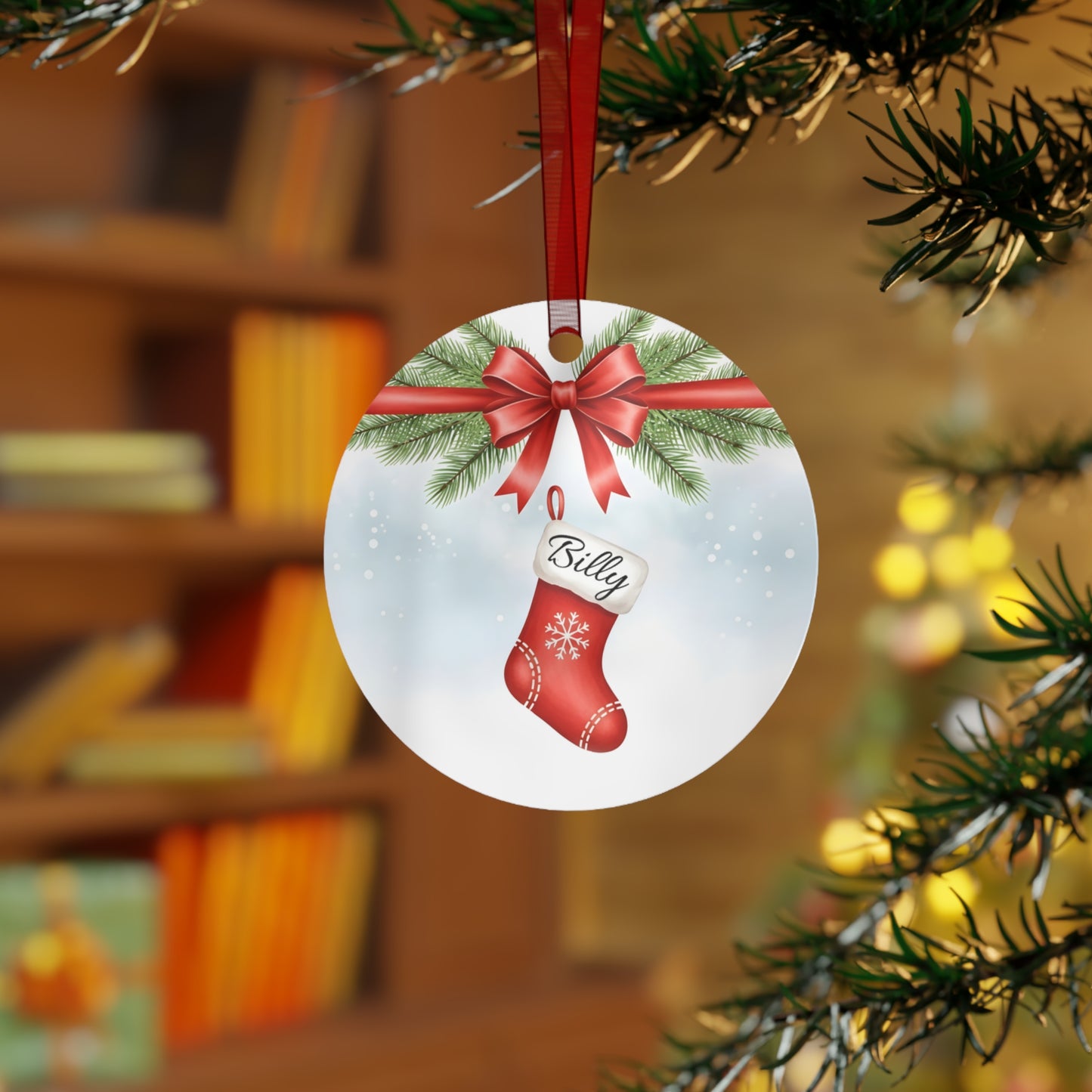 Personalized Metal Ornament — Red Stocking "Billy" Christmas Tree Decoration