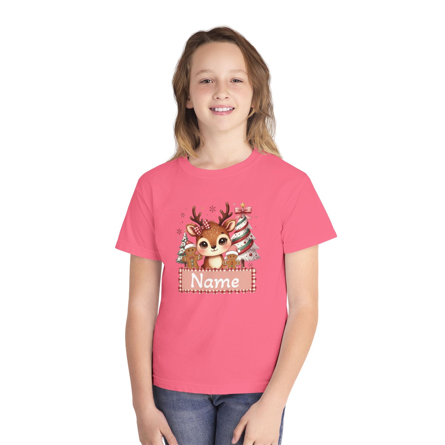 Personalized Kids Tee — Cute Reindeer with Christmas Trees Name Shirt