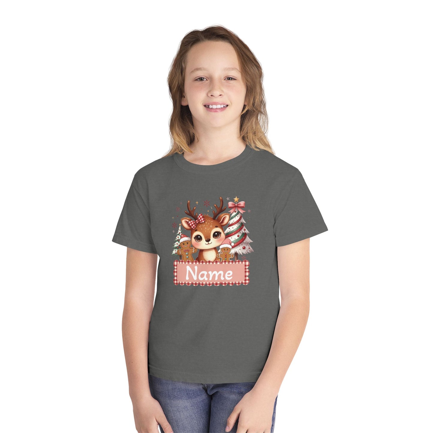 Personalized Kids Tee — Cute Reindeer with Christmas Trees Name Shirt