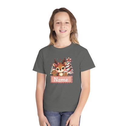 Personalized Kids Tee — Cute Reindeer with Christmas Trees Name Shirt