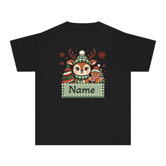 Kids Christmas Reindeer Tee – Cute Holiday Reindeer & gingerbread with Plaid Name Banner