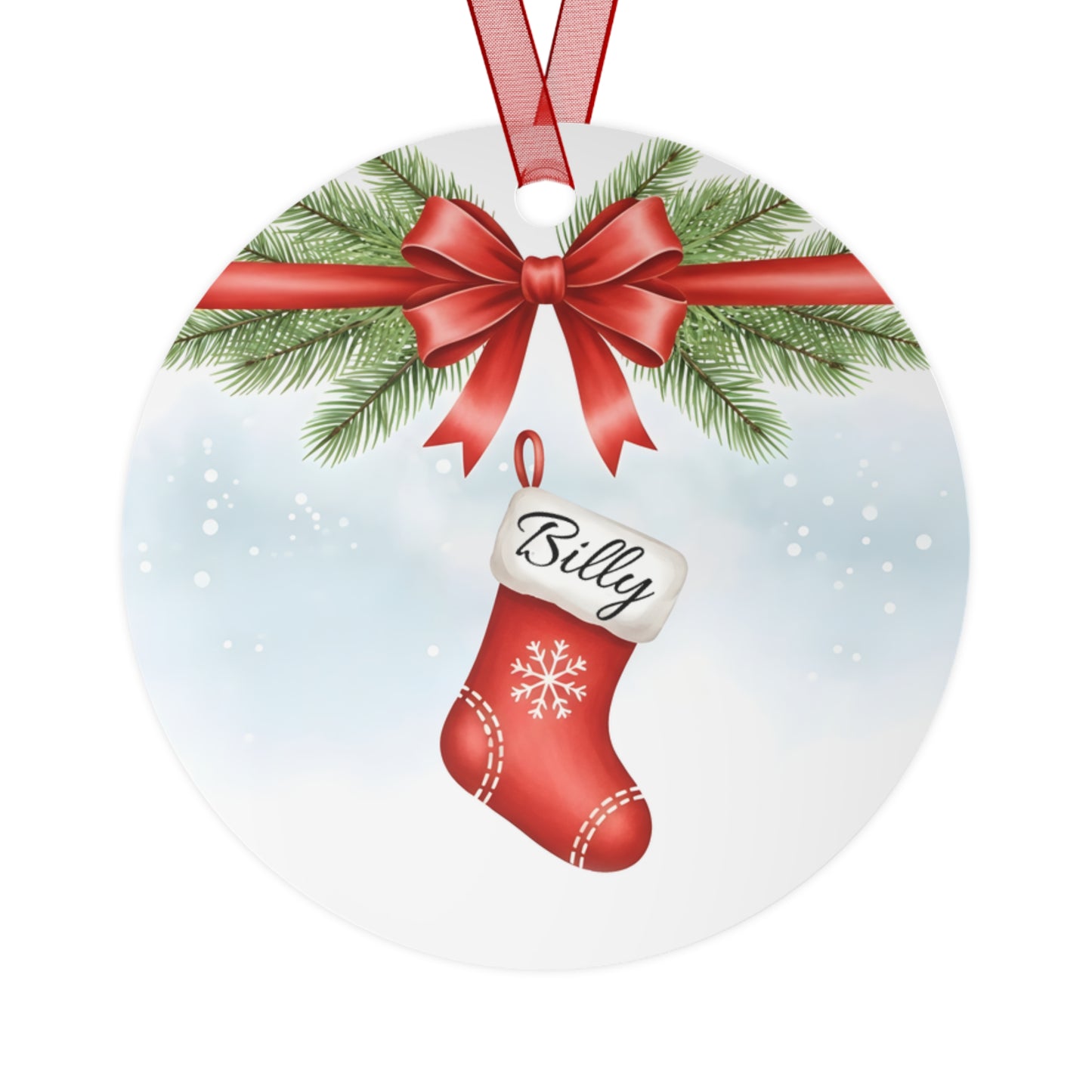 Personalized Metal Ornament — Red Stocking "Billy" Christmas Tree Decoration