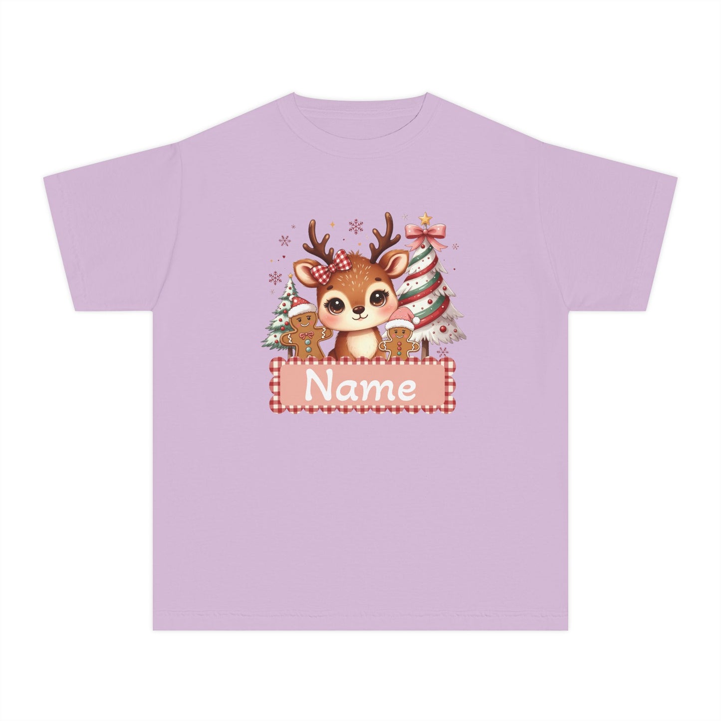Personalized Kids Tee — Cute Reindeer with Christmas Trees Name Shirt