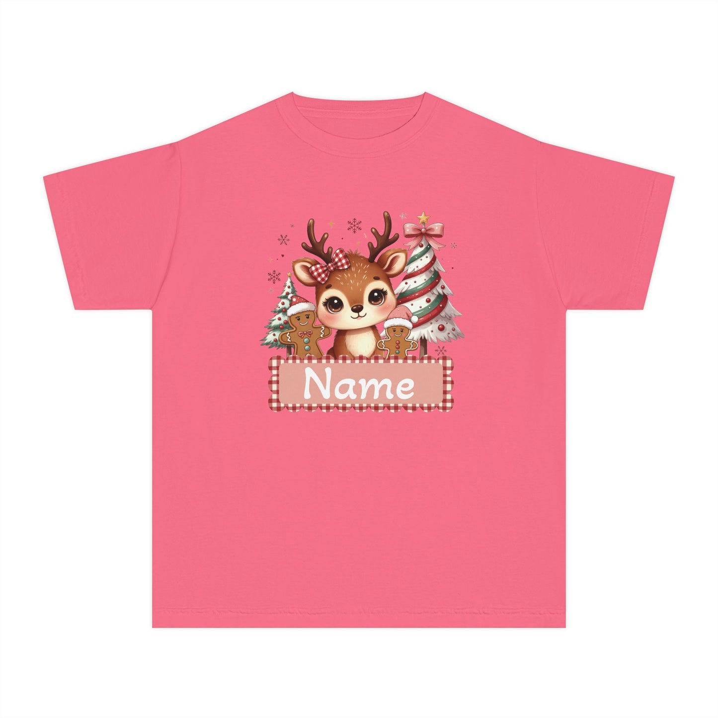 Personalized Kids Tee — Cute Reindeer with Christmas Trees Name Shirt