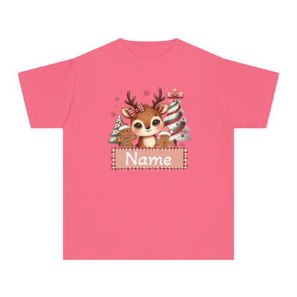 Personalized Kids Tee — Cute Reindeer with Christmas Trees Name Shirt