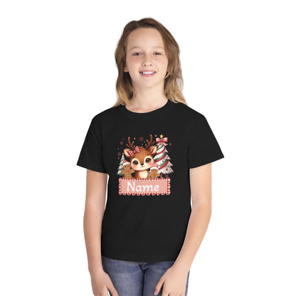 Personalized Kids Tee — Cute Reindeer with Christmas Trees Name Shirt