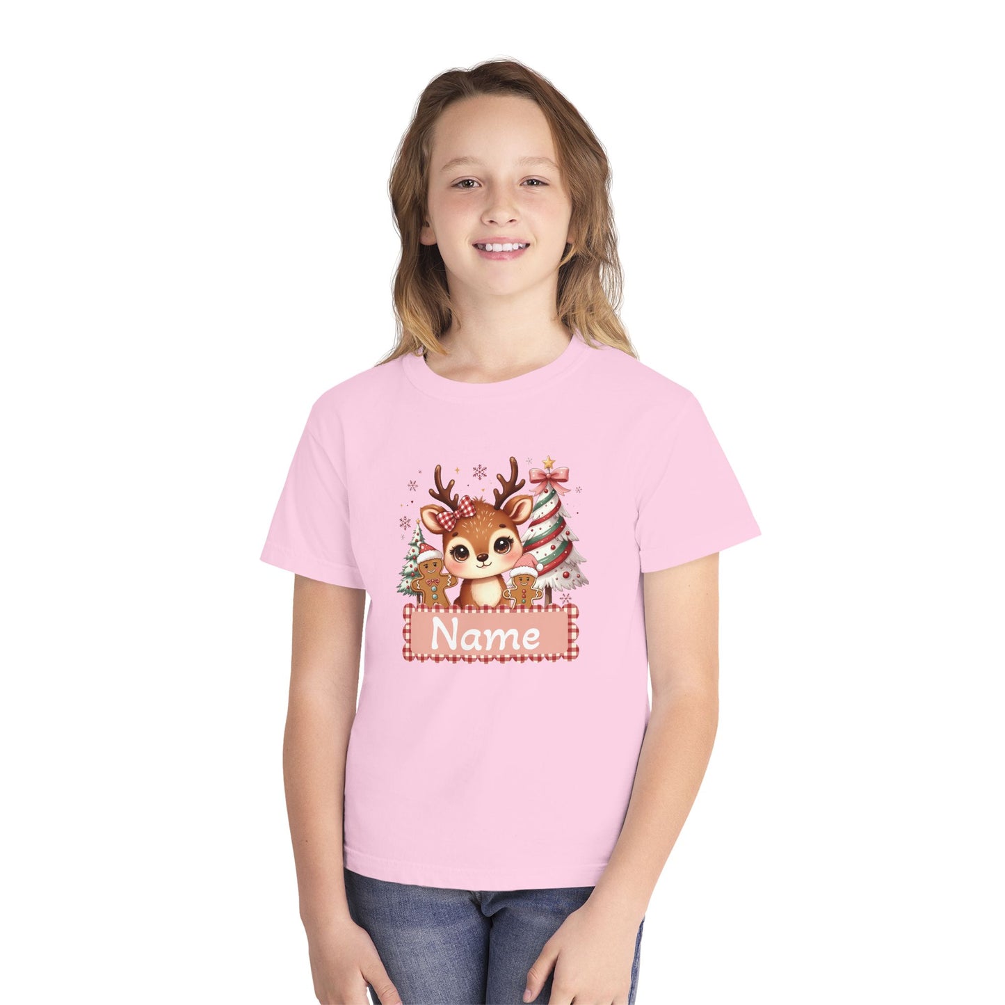 Personalized Kids Tee — Cute Reindeer with Christmas Trees Name Shirt