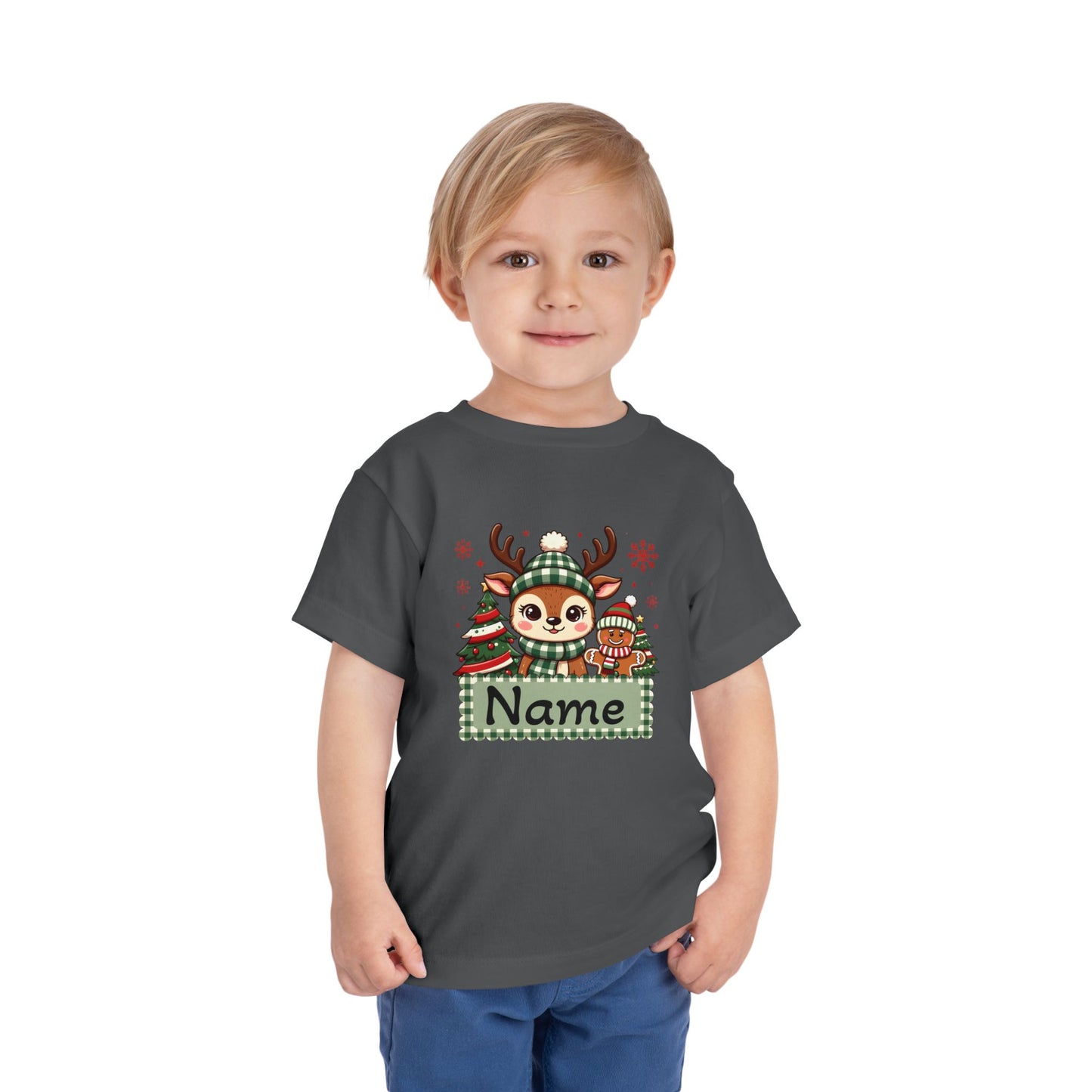 Personalized Toddler Tee — Cute Reindeer Christmas Name Shirt