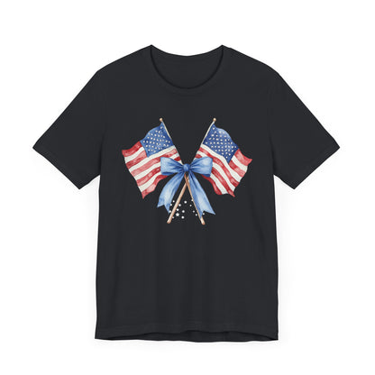 Patriotic Tee with Two American Flags and Bow, Independence Day Shirt, Fourth of July Outfit, Summer BBQ Apparel, Unisex T-Shirt for [...]