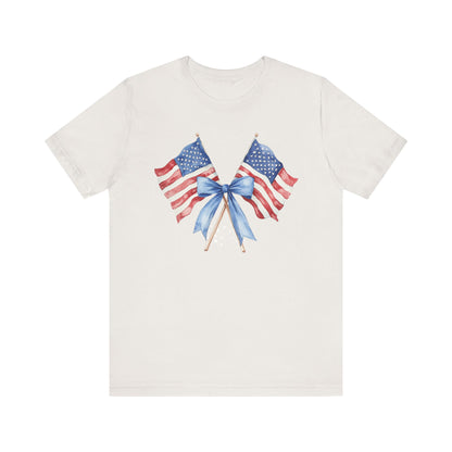 Patriotic Tee with Two American Flags and Bow, Independence Day Shirt, Fourth of July Outfit, Summer BBQ Apparel, Unisex T-Shirt for [...]