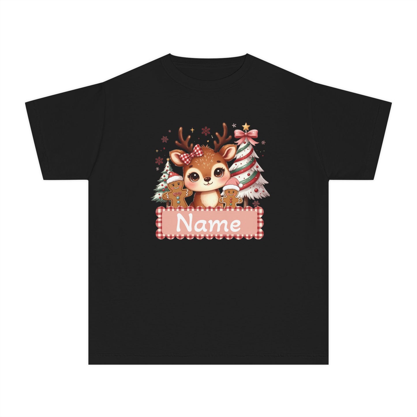 Personalized Kids Tee — Cute Reindeer with Christmas Trees Name Shirt