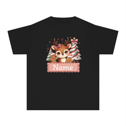 Personalized Kids Tee — Cute Reindeer with Christmas Trees Name Shirt