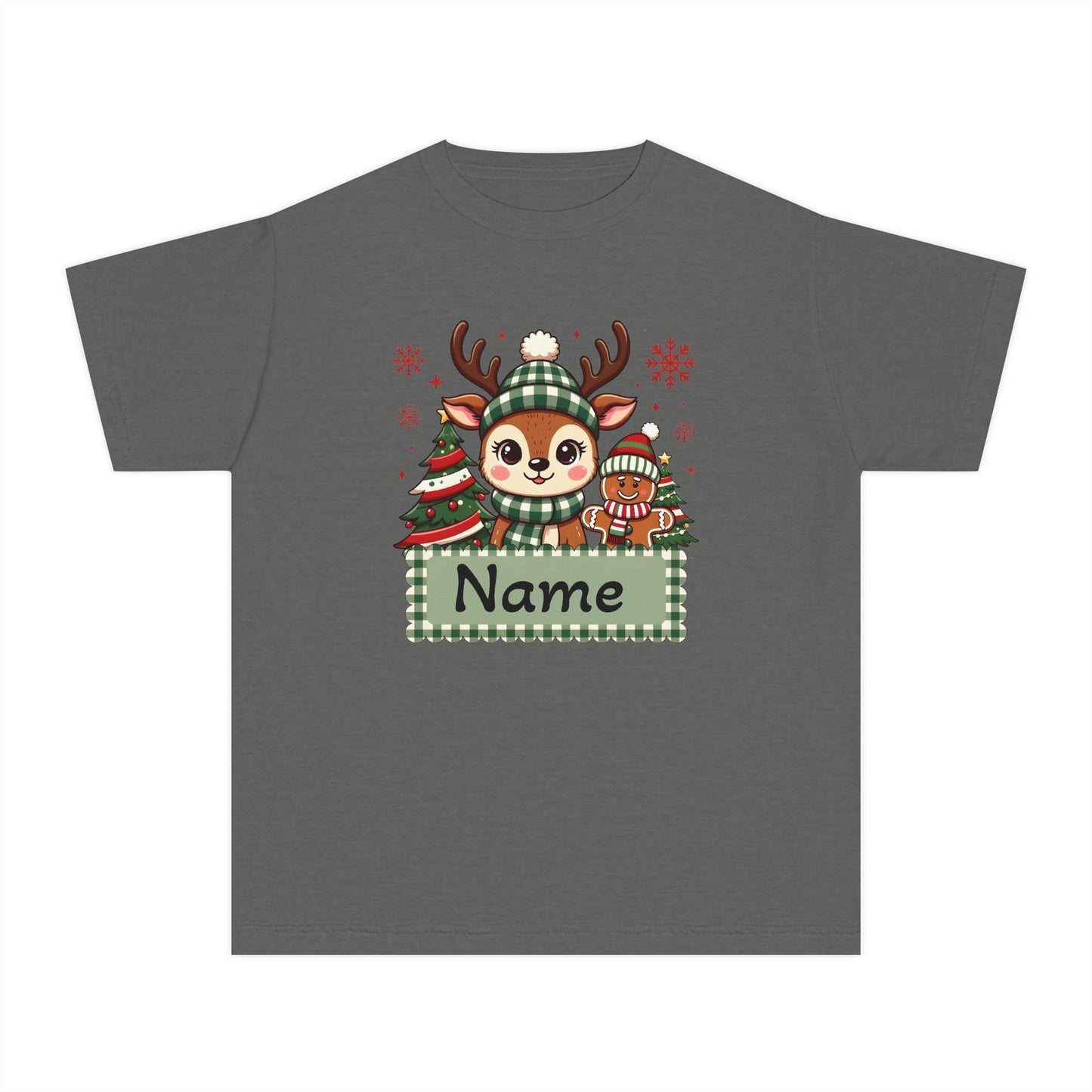 Kids Christmas Reindeer Tee – Cute Holiday Reindeer & gingerbread with Plaid Name Banner