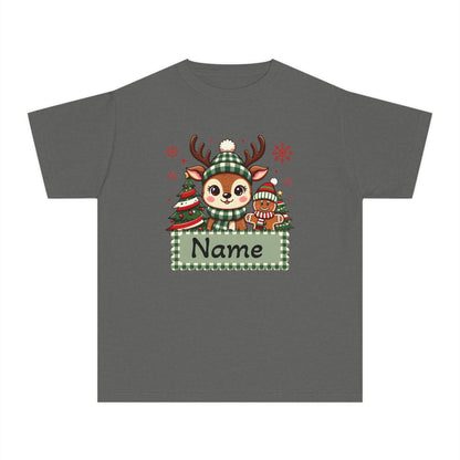 Kids Christmas Reindeer Tee – Cute Holiday Reindeer & gingerbread with Plaid Name Banner