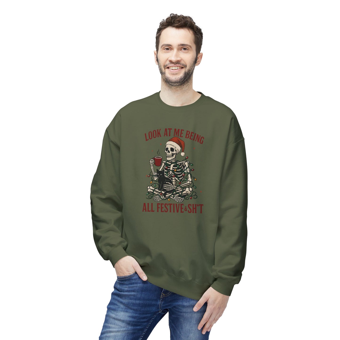 Festive AF Skeleton Crewneck Sweatshirt — "Look At Me Being All Festive S*ht" Holiday Sweater