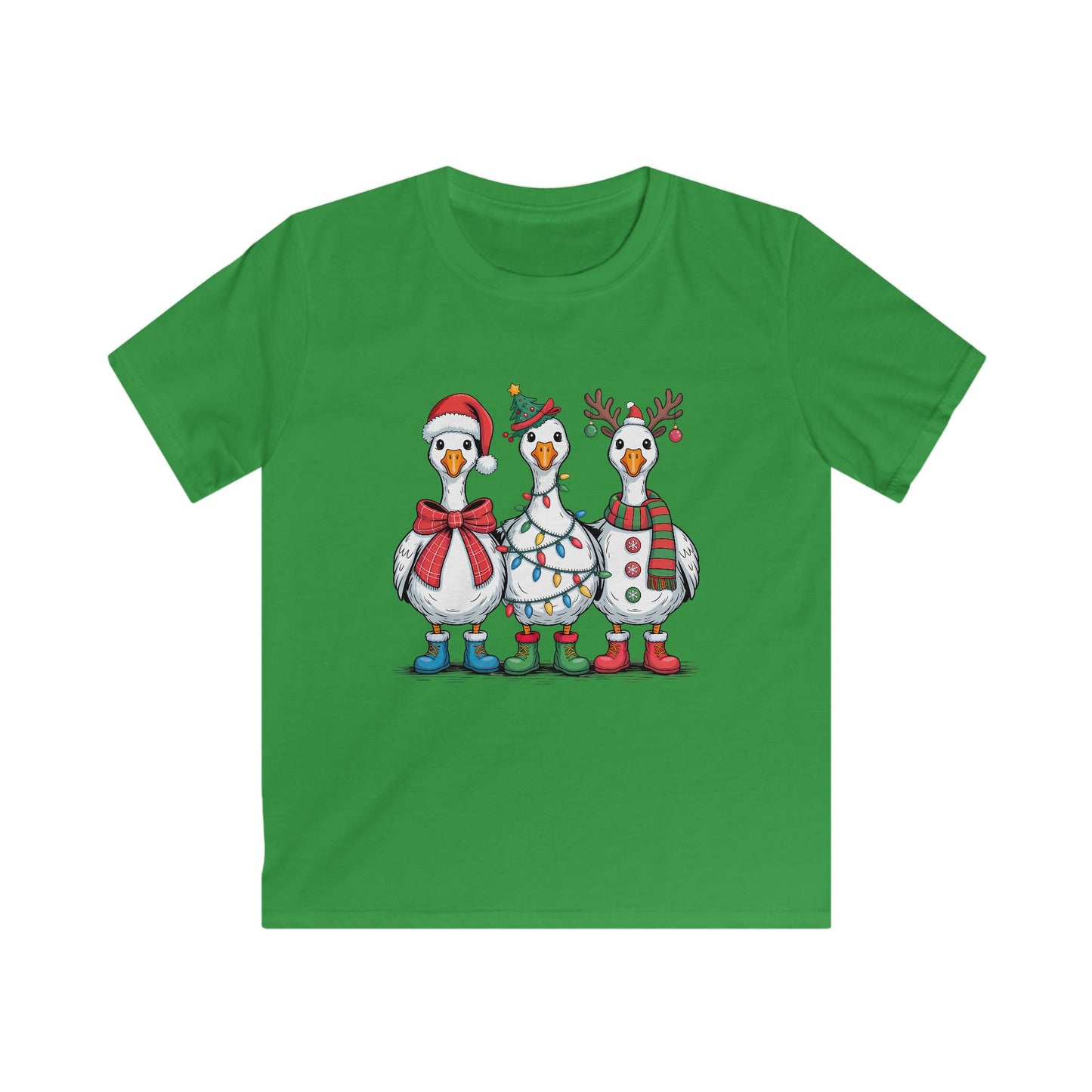 Kids Christmas Duck Tee — Festive Trio with Santa Hat, Lights & Reindeer Antlers
